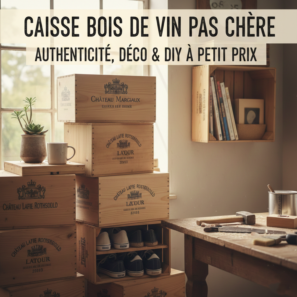 Oups ! Je me suis emballé sur l'image et j'en ai oublié le texte. Voici plusieurs options pour ton texte alternatif (alt-text), adaptées selon l'endroit où tu vas utiliser l'image :

Option 1 : Optimisée SEO (La plus efficace pour ton site)
alt="Caisses de vin en bois d'occasion empilées et transformées en meubles de rangement et étagères DIY dans un atelier lumineux
