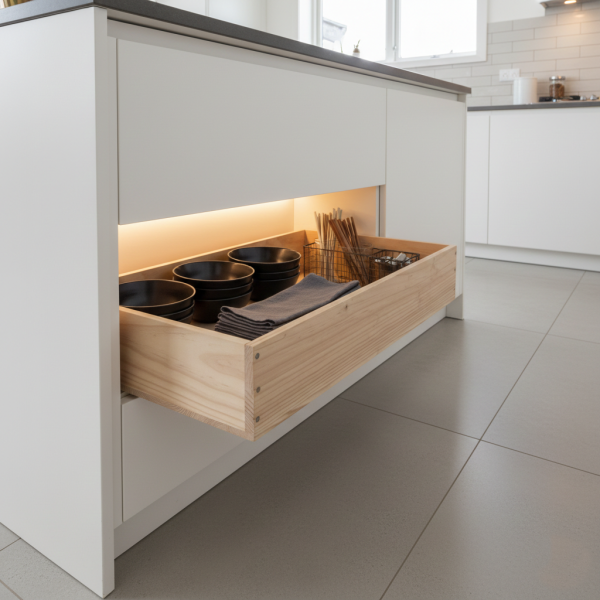 Un rangement élégant sous un meuble bas grâce à sa faible hauteur