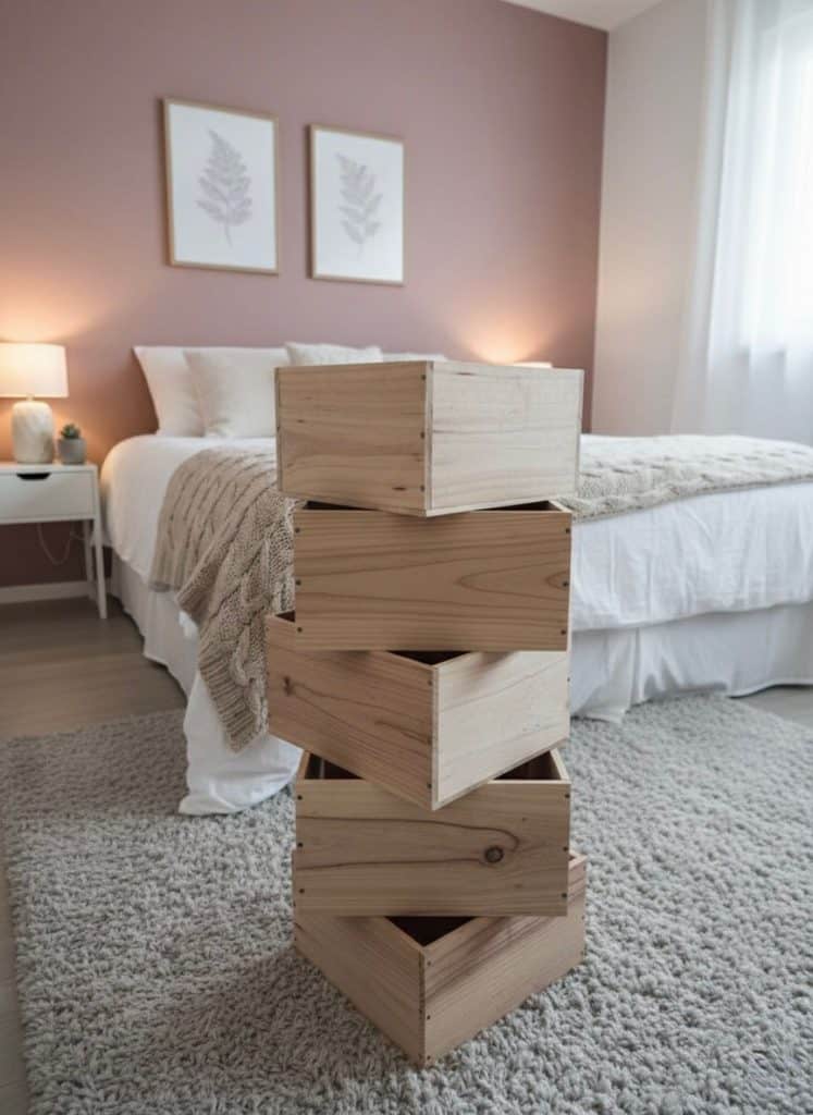Caisse en bois brut pour rangement et décoration.
