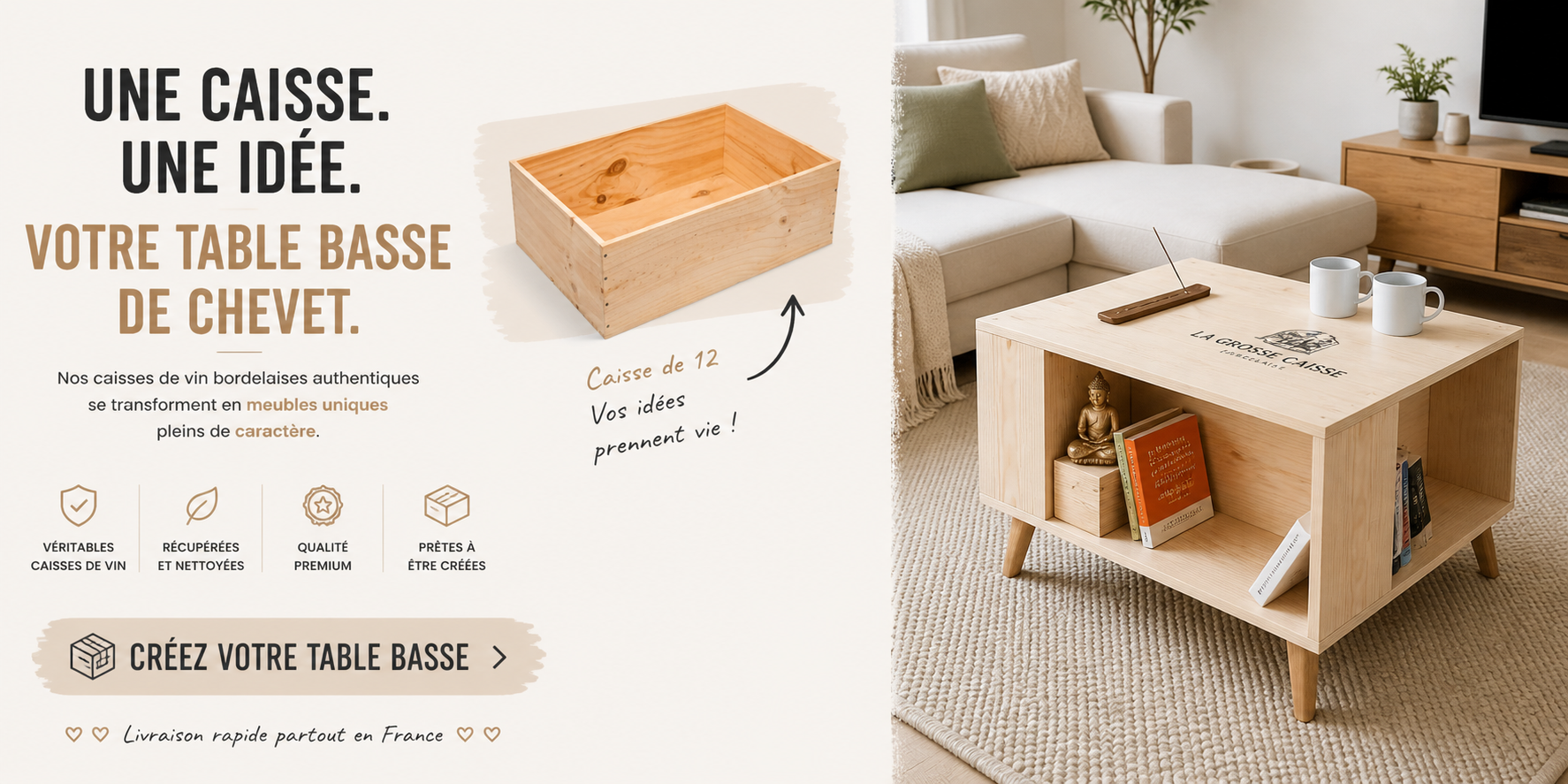 table basse creation caisse bois 12 bouteilles de vin