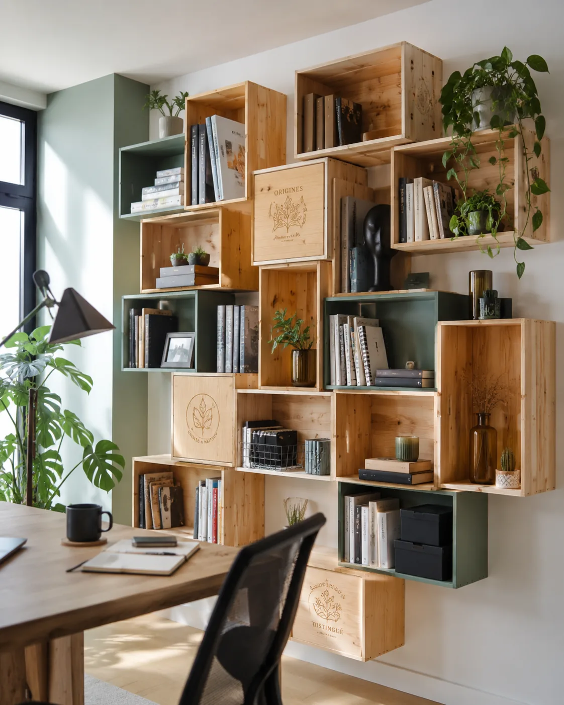 Bibliothèque murale DIY réalisée avec des caisses de vin en bois utilisées comme niches à livres