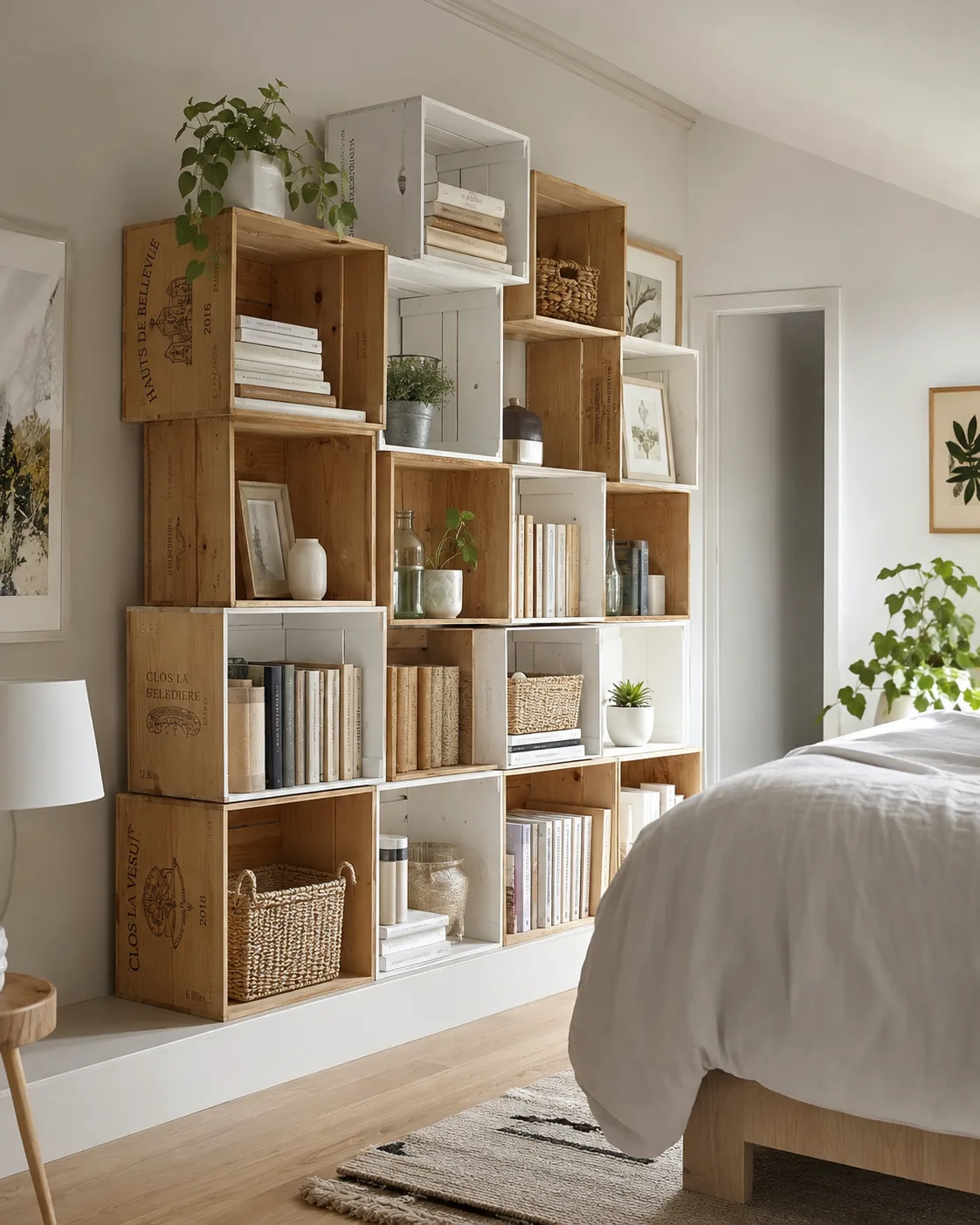 Caisse bois de vin 6 bouteilles utilisée pour fabriquer une bibliothèque DIY