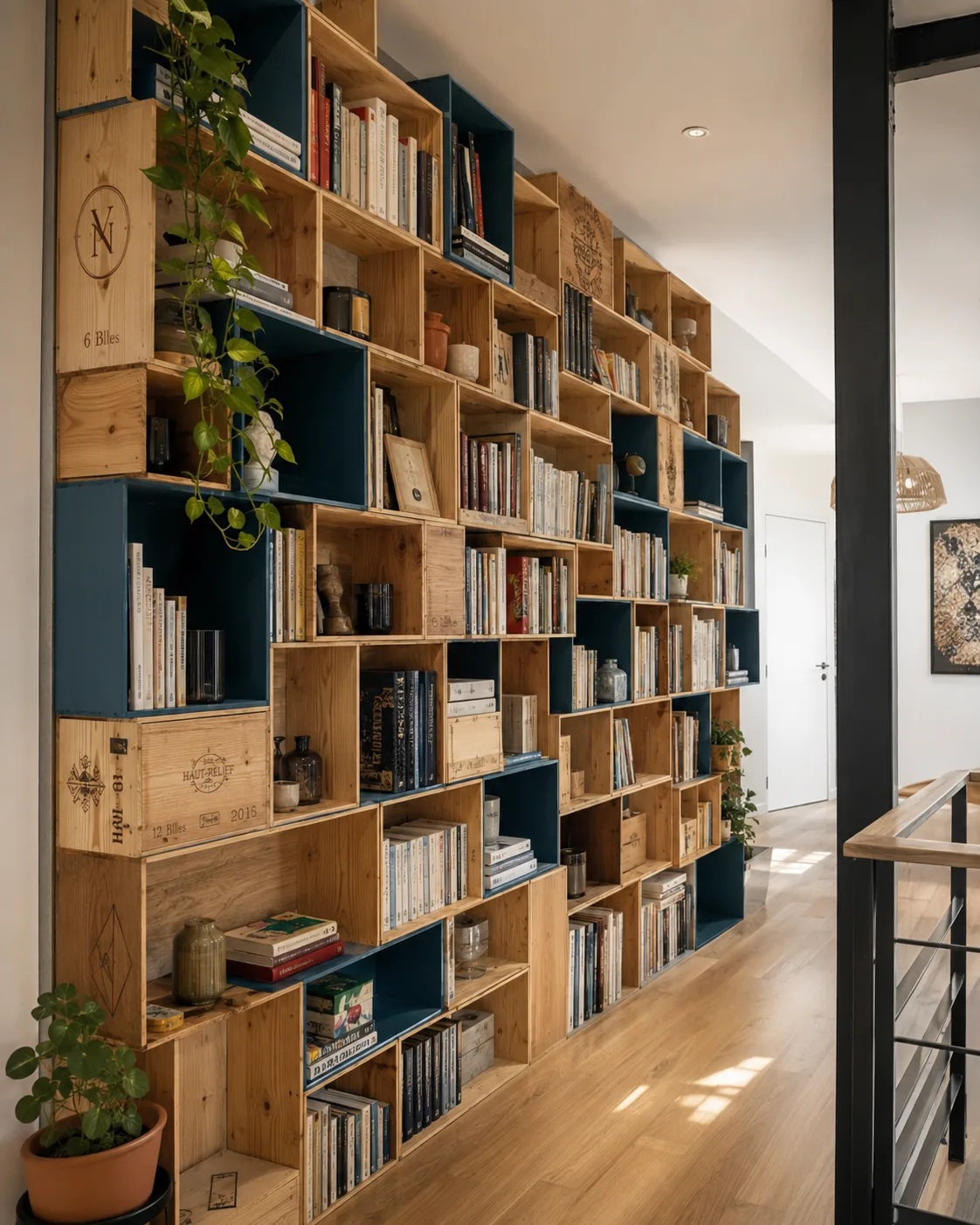 Grande bibliothèque en caisses de vin bois naturel et caisses peintes bleu, remplies de livres