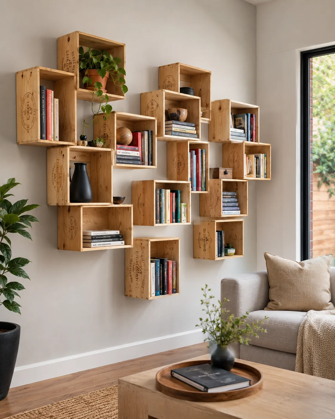 Caisse bois de vin 12 bouteilles pour structure de bibliothèque modulable DIY