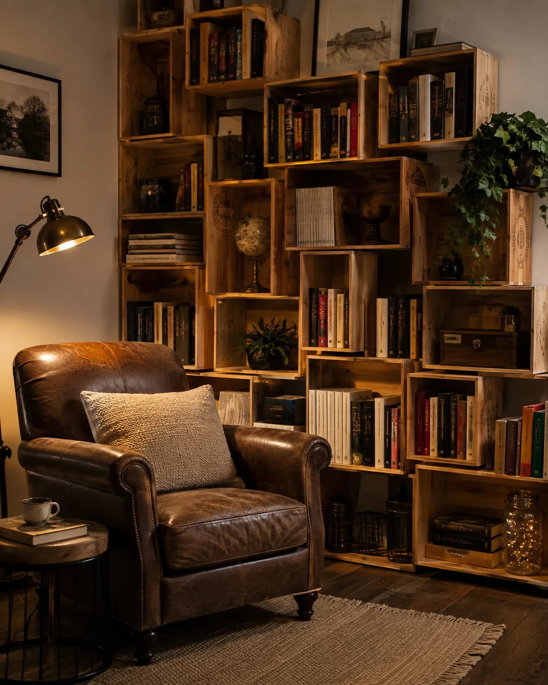 Exemple de bibliothèque DIY composée de caisses de vin naturelles et peintes avec livres et plantes