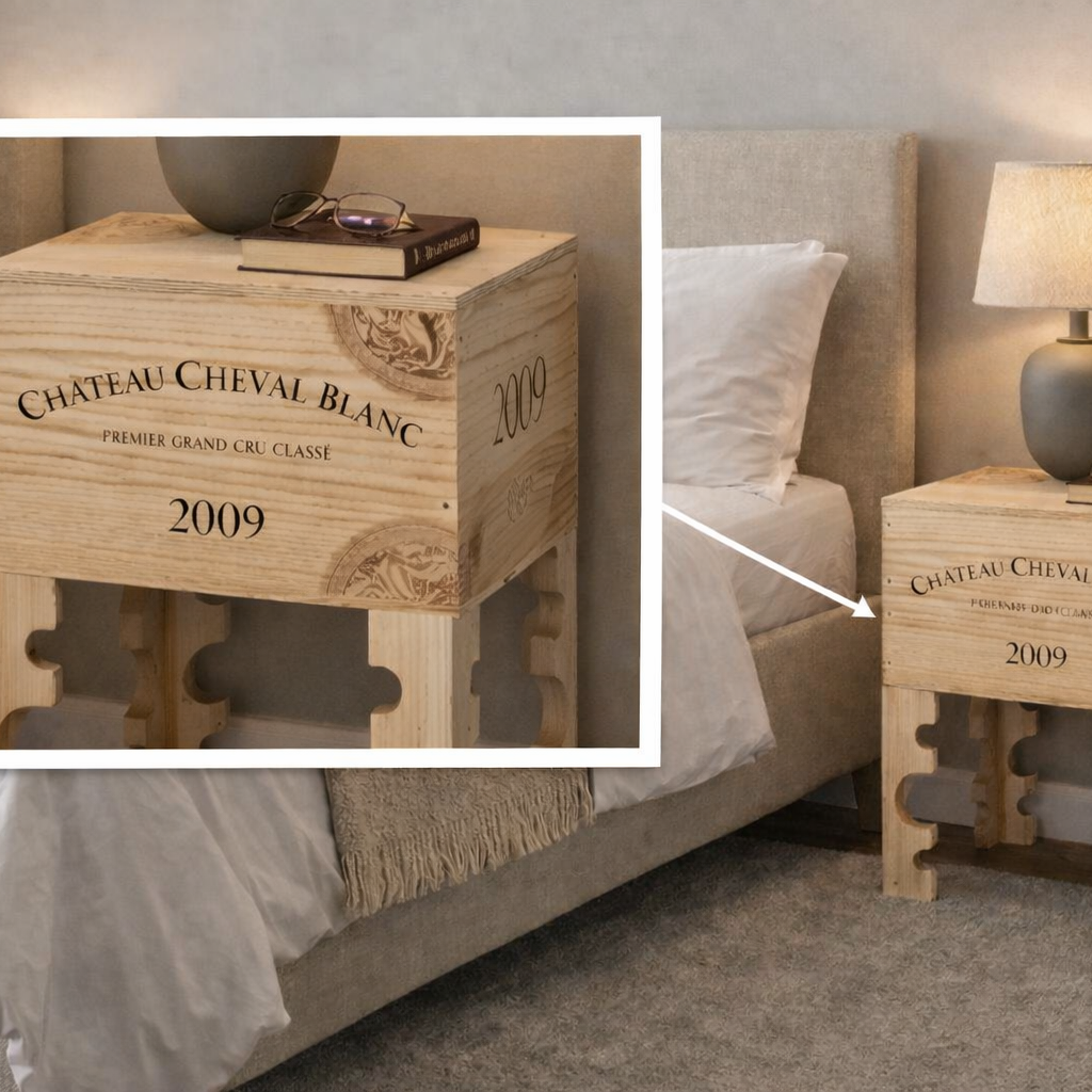 Présentation – Table de chevet en caisse de vin
